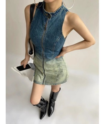 Sleeveless Grunge Denim Dress with Turtleneck and Zipper Véritable concentré