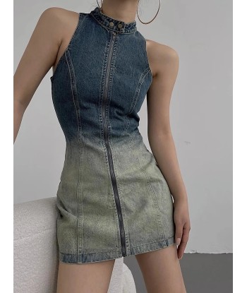 Sleeveless Grunge Denim Dress with Turtleneck and Zipper Véritable concentré