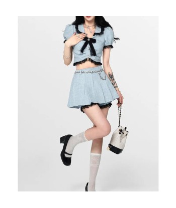 Lolita Crop Top and Mini Skirt Set with Peter Pan Collar and Bow Pour