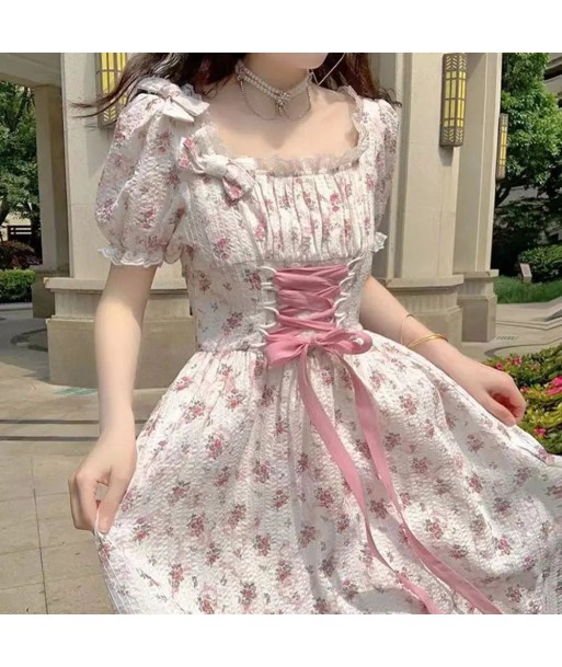 Romantic flower dress with puff sleeves & lacing in cottagecore style 50-70% off 