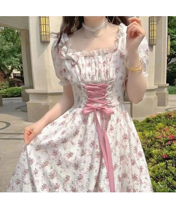 Romantic flower dress with puff sleeves & lacing in cottagecore style 50-70% off 