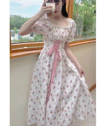 Romantic flower dress with puff sleeves & lacing in cottagecore style 50-70% off 