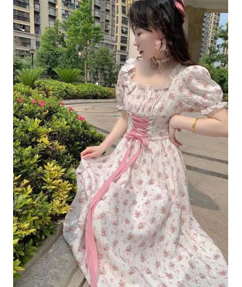 Romantic flower dress with puff sleeves & lacing in cottagecore style 50-70% off 