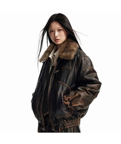 Ladies Autumn Grunge Leather Jacket with Faux Fur Collar in Vintage Look JUSQU'A -70%! 