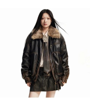 Ladies Autumn Grunge Leather Jacket with Faux Fur Collar in Vintage Look JUSQU'A -70%! 