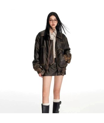 Ladies Autumn Grunge Leather Jacket with Faux Fur Collar in Vintage Look JUSQU'A -70%! 