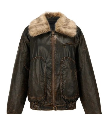 Ladies Autumn Grunge Leather Jacket with Faux Fur Collar in Vintage Look JUSQU'A -70%! 