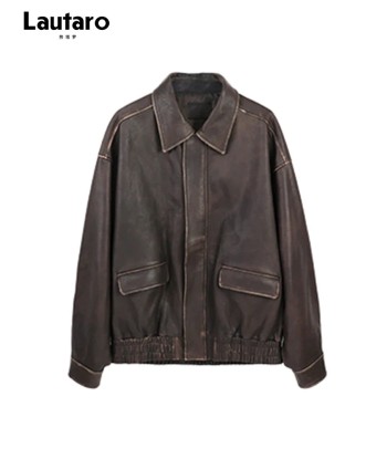 Retro Oversize Faux Leather Jacket in Distressed Look for a Grungy Touch basket pas cher