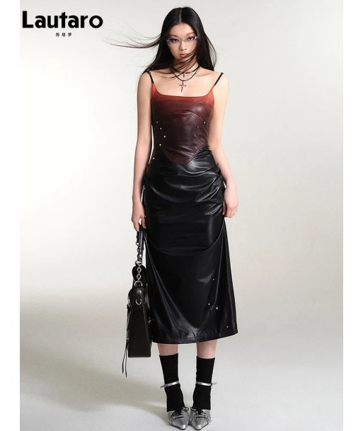 Gothic Spaghetti Strap Midi Dress Made of PU Leather with Studs meilleur choix