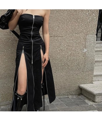 Elegant Gothic Midi Dress with Zipper and Leg Slit Paris Déstockage Promo