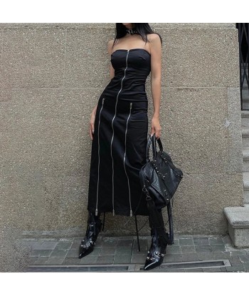 Elegant Gothic Midi Dress with Zipper and Leg Slit Paris Déstockage Promo