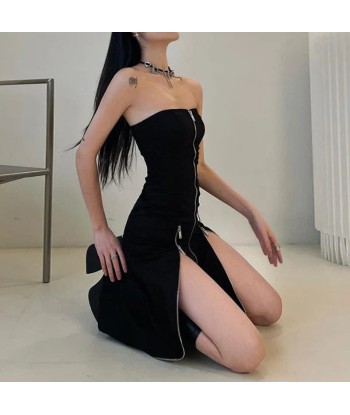 Elegant Gothic Midi Dress with Zipper and Leg Slit Paris Déstockage Promo