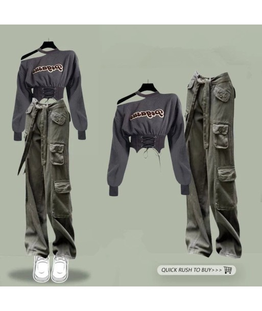 E-girl Cargo Pants & Short Sweatshirt for Women Gray la colonne vertébrale