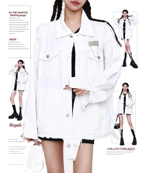 White Destroyed Denim Jacket in Acubi Style les ligaments