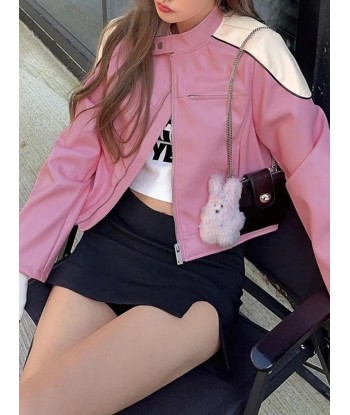 Trendy Pink Patchwork PU Leather Jacket in Streetwear Style 2024