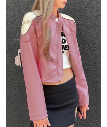 Trendy Pink Patchwork PU Leather Jacket in Streetwear Style 2024