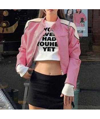 Trendy Pink Patchwork PU Leather Jacket in Streetwear Style 2024