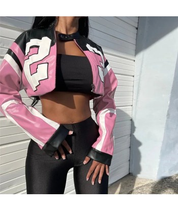 Trendy PU Leather Jacket in Racing Style with Color Blocking votre