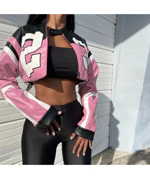 Trendy PU Leather Jacket in Racing Style with Color Blocking votre