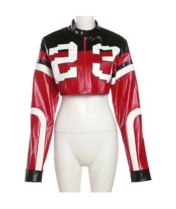 Trendy PU Leather Jacket in Racing Style with Color Blocking votre