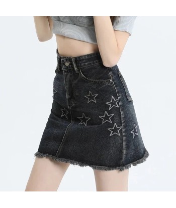 Y2K Denim Mini Skirt in Dark Blue with Stars français