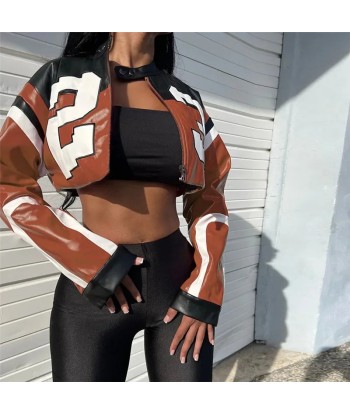 Trendy PU Leather Jacket in Racing Style with Color Blocking votre