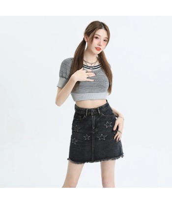 Y2K Denim Mini Skirt in Dark Blue with Stars français