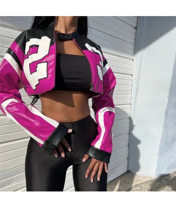 Trendy PU Leather Jacket in Racing Style with Color Blocking votre