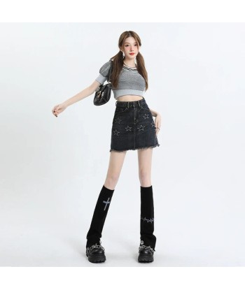 Y2K Denim Mini Skirt in Dark Blue with Stars français