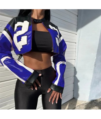 Trendy PU Leather Jacket in Racing Style with Color Blocking votre