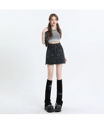 Y2K Denim Mini Skirt in Dark Blue with Stars français