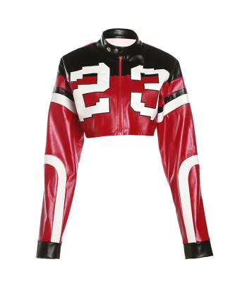 Trendy PU Leather Jacket in Racing Style with Color Blocking votre