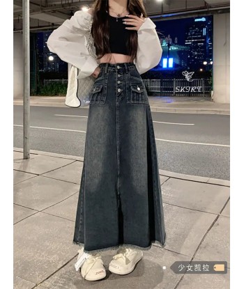 E-Girl Retro Gray Maxi Jeans Skirt with High Waist d'Europe débarque