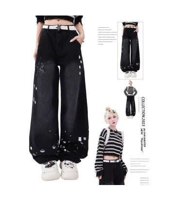 Y2K Style Women's Black Jeans with Wide Leg and Star Print Profitez des Offres !