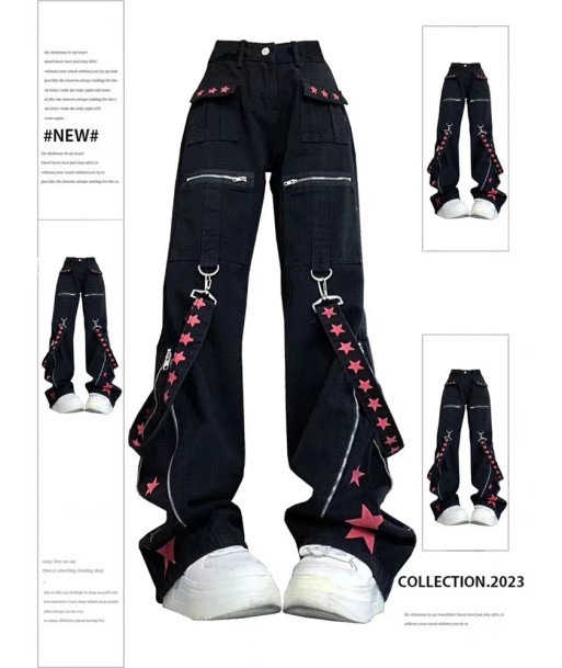 Black Gothic Cargo Jeans with Star Appliqués Paris Déstockage Promo