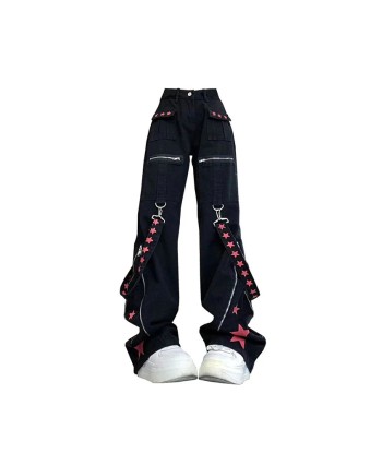 Black Gothic Cargo Jeans with Star Appliqués Paris Déstockage Promo