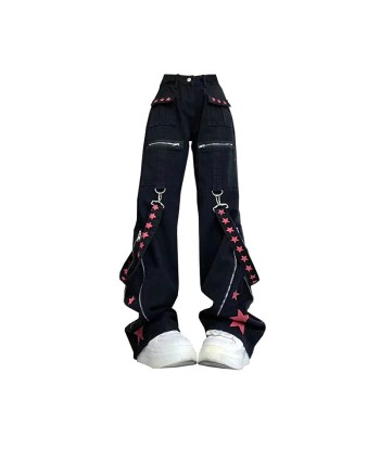 Black Gothic Cargo Jeans with Star Appliqués Paris Déstockage Promo