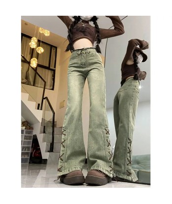 Green Y2K Micro-Flare Jeans with Lacing Details for Women la colonne vertébrale