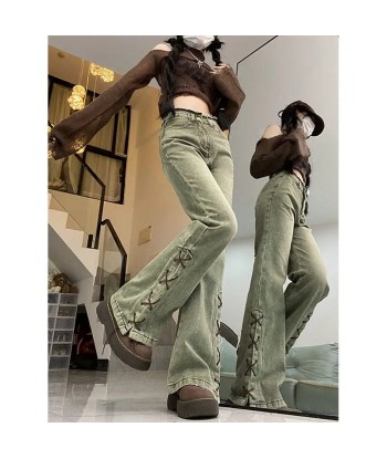 Green Y2K Micro-Flare Jeans with Lacing Details for Women la colonne vertébrale