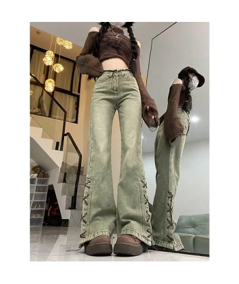 Green Y2K Micro-Flare Jeans with Lacing Details for Women la colonne vertébrale