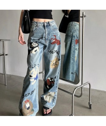 Y2K Baggy Jeans with Dog Print for Women pas cher