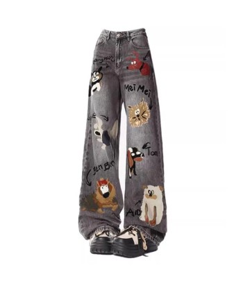 Y2K Baggy Jeans with Dog Print for Women pas cher