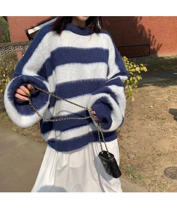 Striped sweater in Korean style with round neckline and long sleeves de la marque