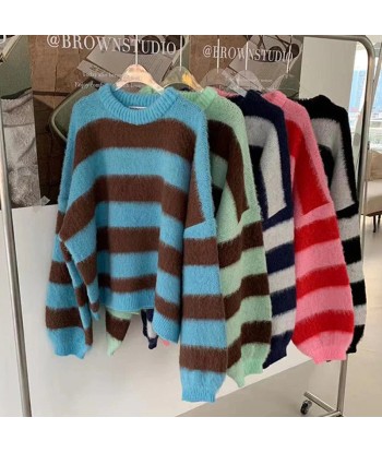 Striped sweater in Korean style with round neckline and long sleeves de la marque