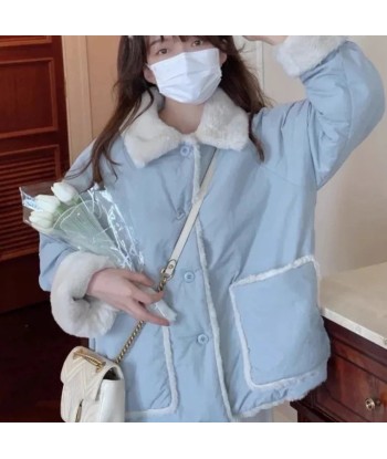 Reversible Soft Girl Winter Jacket with Plush Collar in Pastel Blue les ctes