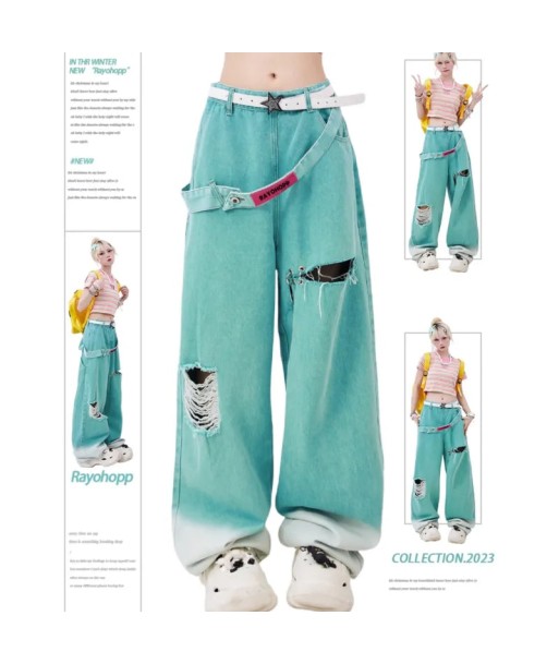 Blue Jeans Soft-Girl Belt High Waist Wide Leg Pants rembourrage situé sous