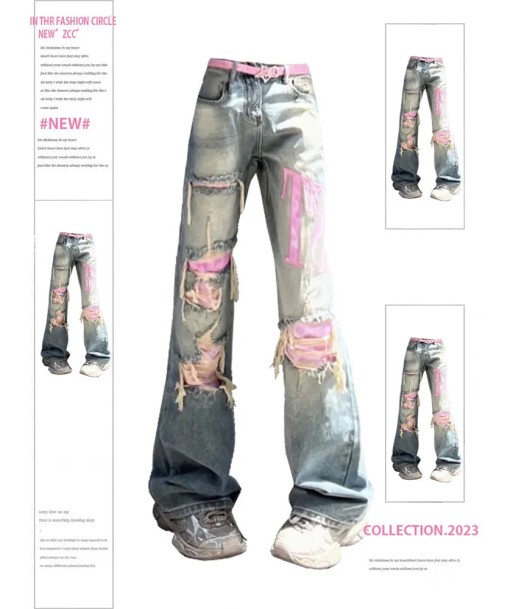 Jean wide soft girl torn gray with pink thread le concept de la Pate a emporter 