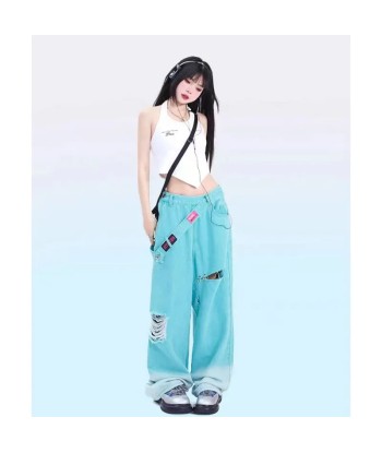 Blue Jeans Soft-Girl Belt High Waist Wide Leg Pants rembourrage situé sous