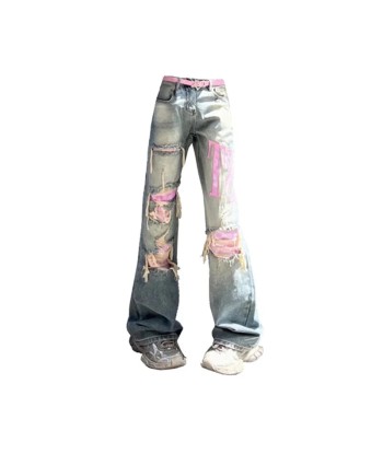 Jean wide soft girl torn gray with pink thread le concept de la Pate a emporter 