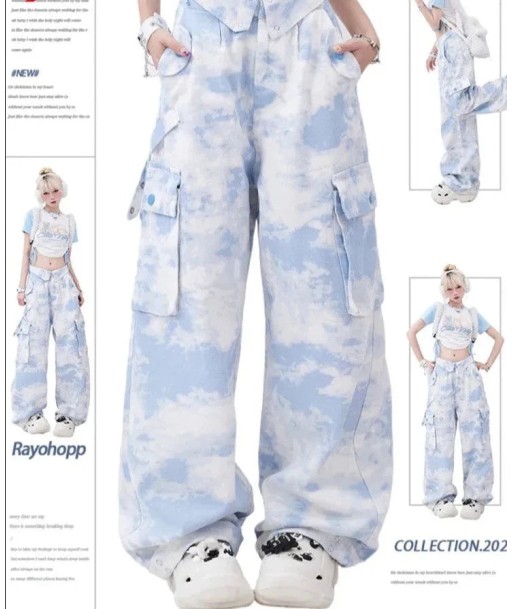 Soft-girl Loose Cargo Pants Blue Tie-Dye de la marque